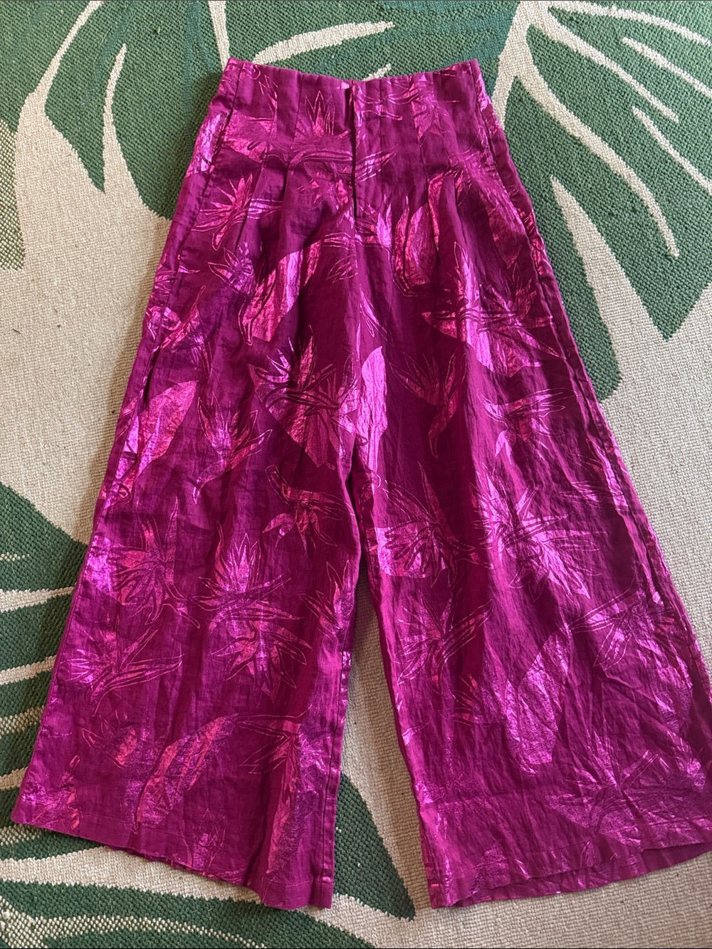 HPL lanhtropy Linen Wide Leg Metallic Fuchsia Floral bird paradise Pants small